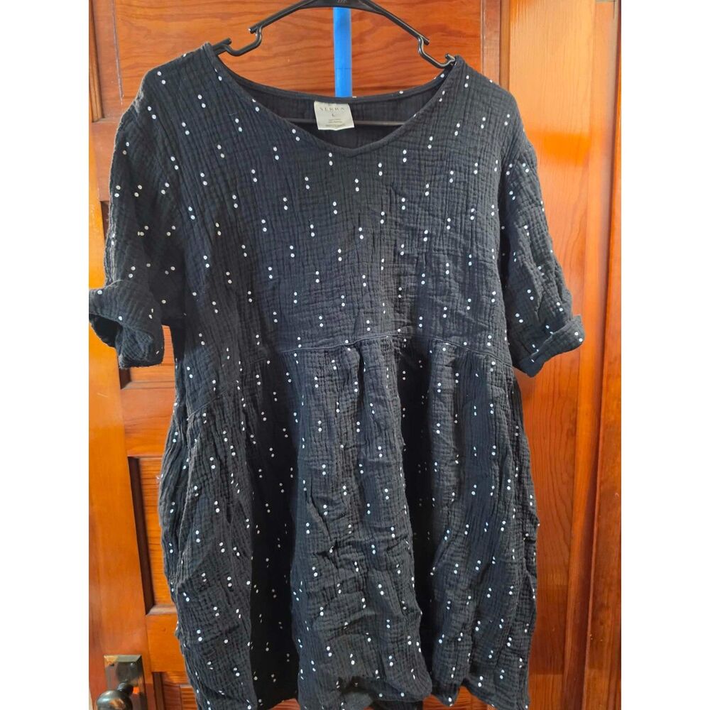 Serra Women’s Large Black White Dot Cotton Babydoll Tunic Top Pockets